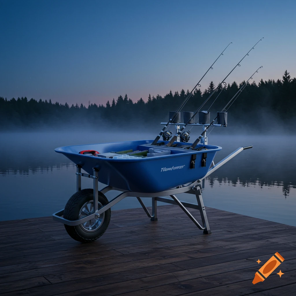 A blue fishing wheelbarrow with rods on a wooden dock by a misty lake at dusk, with a forest in the background.