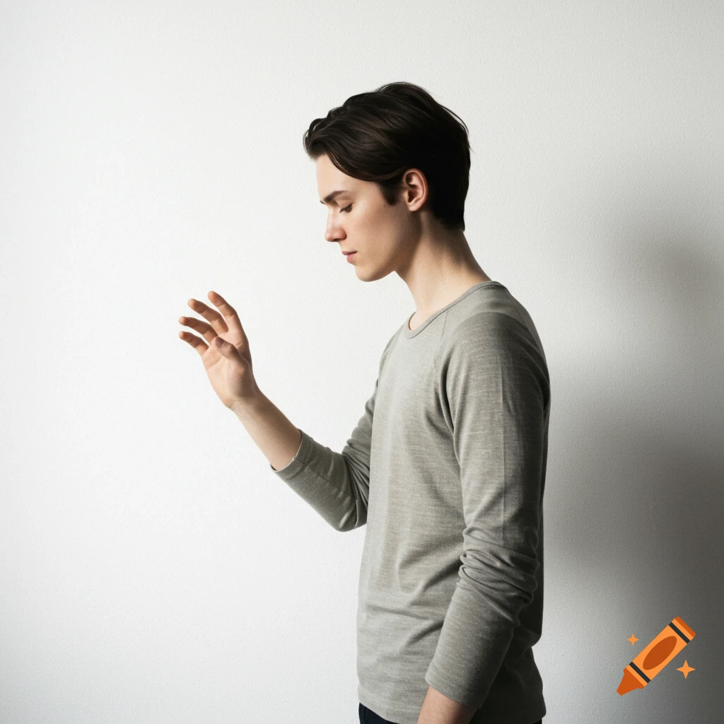 A photorealistic young man with dark hair, looking down with eyes closed, gently strokes the air with his hand against a white background.