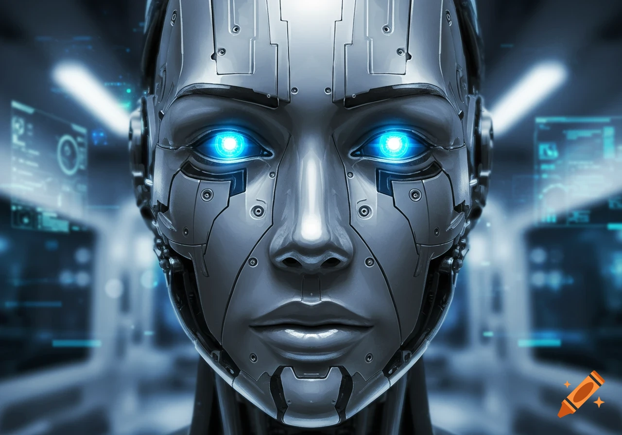 Close-up of a futuristic silver robot face with human features, bright blue glowing eyes, and intricate metallic paneling, against a blurred sci-fi background.