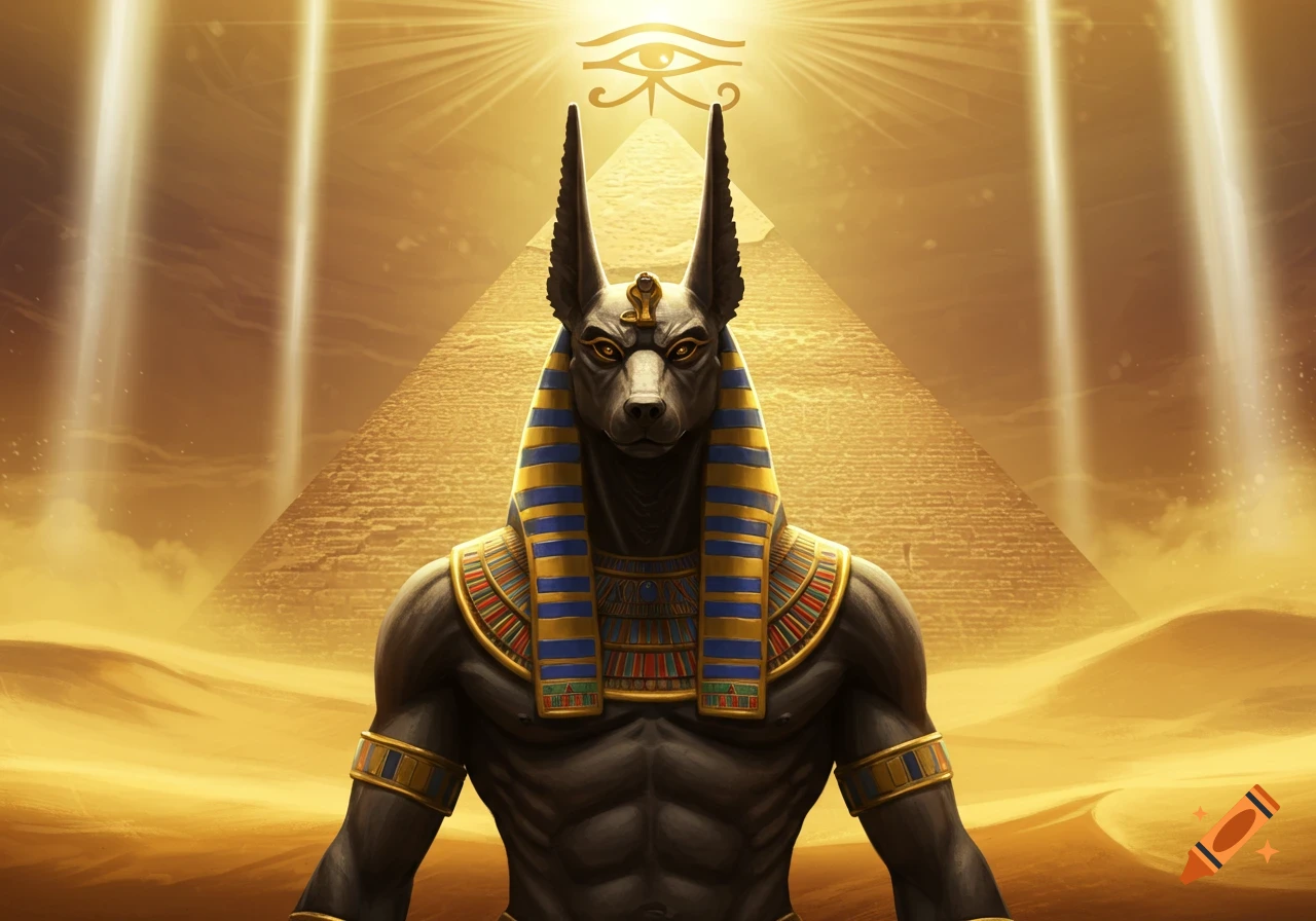 Anubis, the jackal-headed Egyptian god, stands in a golden desert with a pyramid and the Eye of Ra symbol.