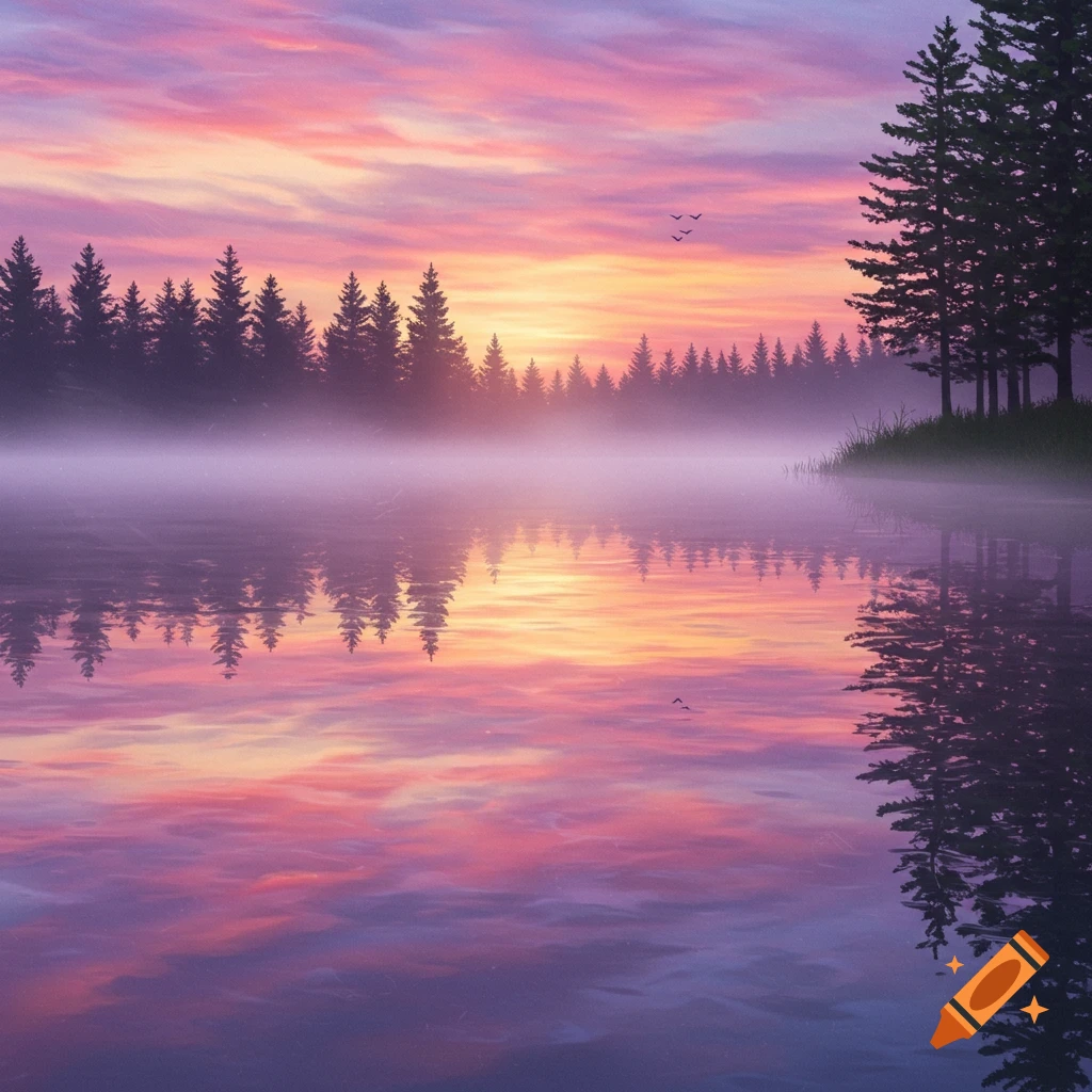 A serene lake reflects a vibrant pink, orange, and purple sunset sky, with silhouetted pine trees and mist over the water.