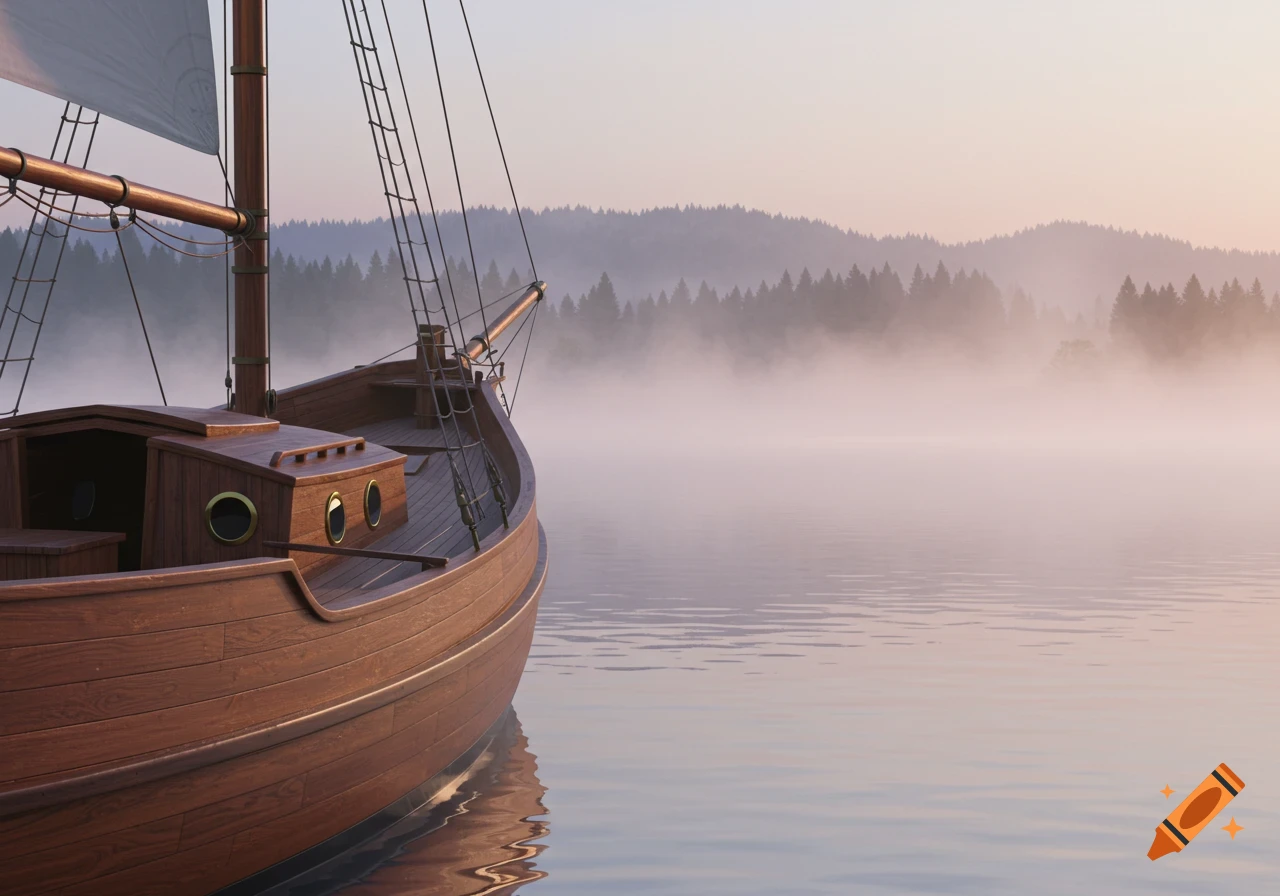A close-up of a wooden sailboat with a white sail on a calm, misty lake at sunrise or sunset, with a forest in the background.