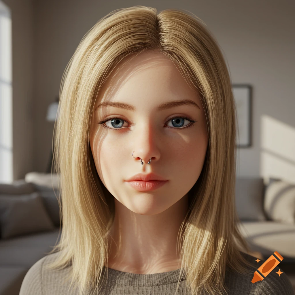 A close-up photorealistic portrait of a blond young woman with blue eyes and a septum piercing, bathed in sunlight.
