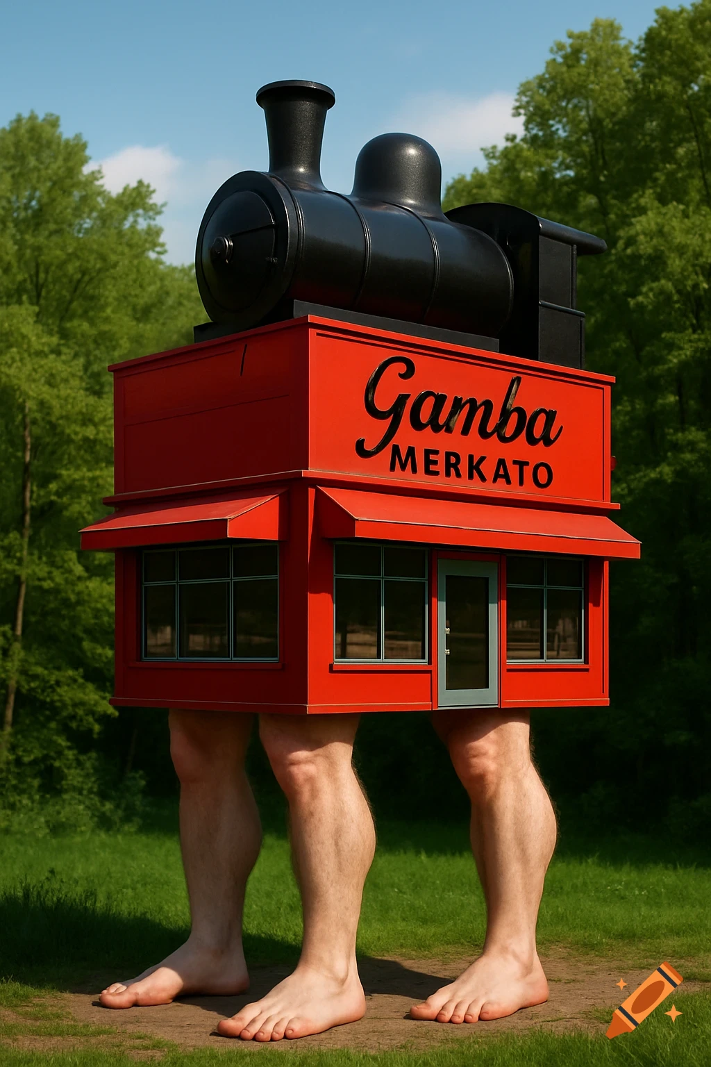 A red building with a black train boiler on its roof stands on human legs in a green forest. Text "Gamba Merkato" is on the building.