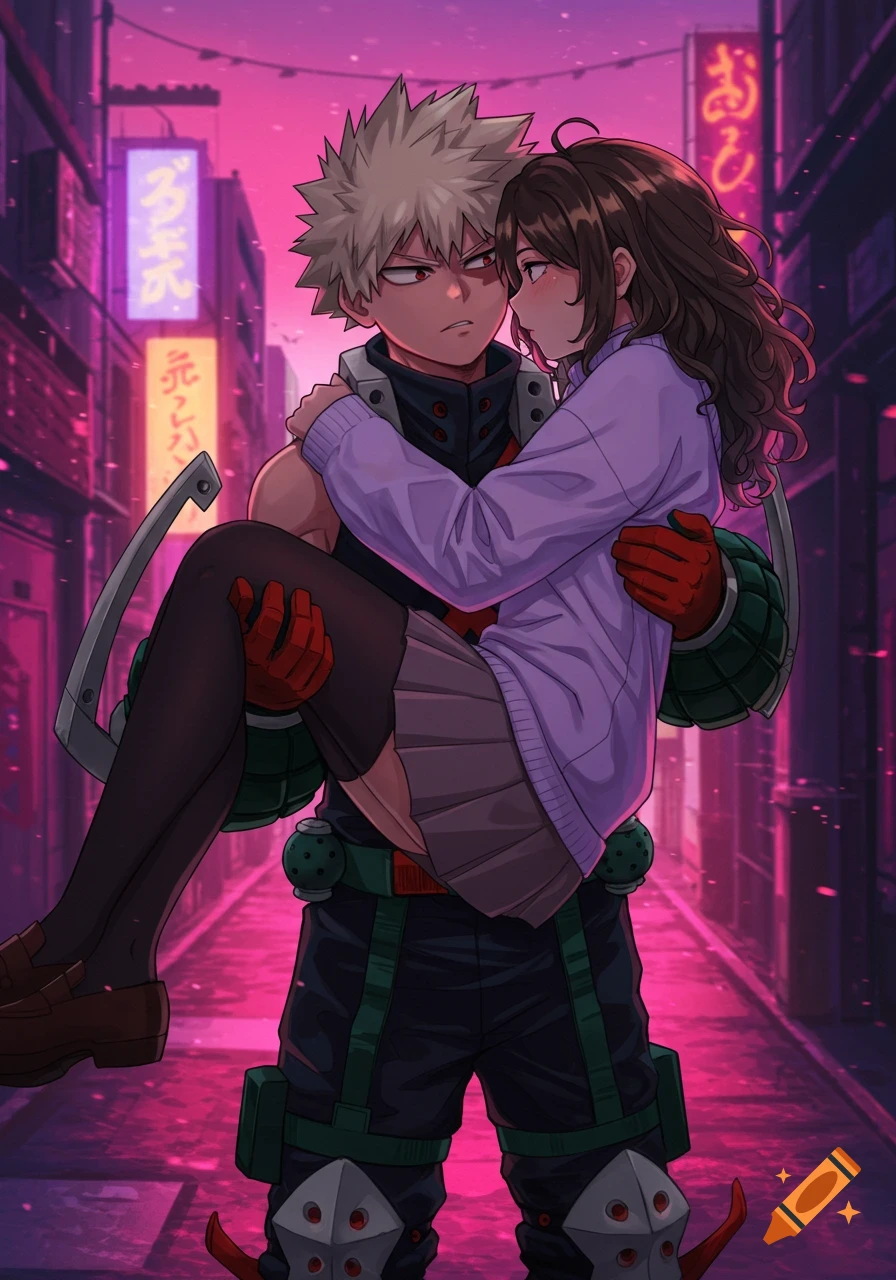 Katsuki Bakugo carries an anime girl with dark brown curly hair in a vibrant, neon-lit city street at night, anime style.