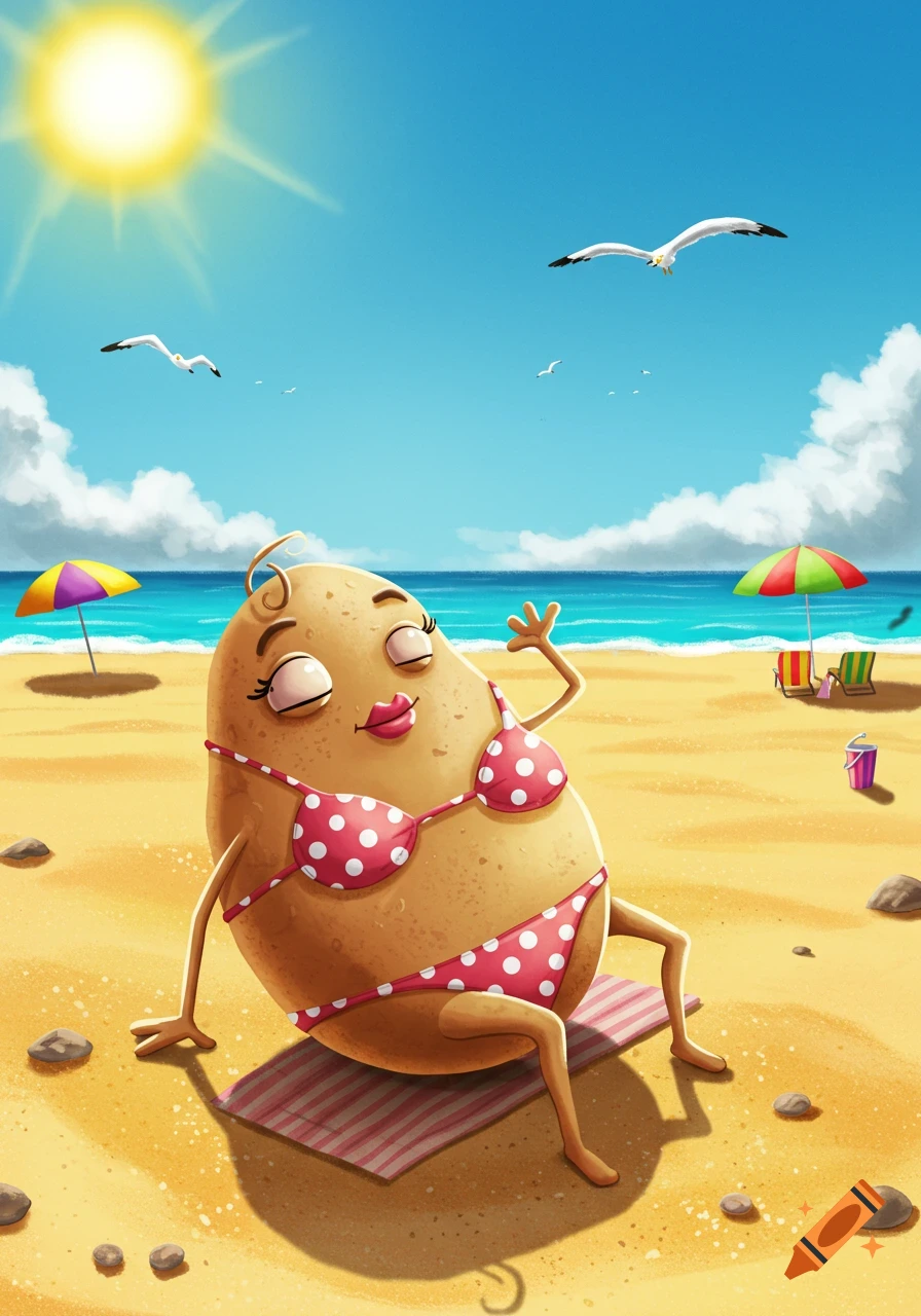 A smiling cartoon potato wearing a pink polka dot bikini sunbathes on a sandy beach under a bright sun with the ocean in the background.