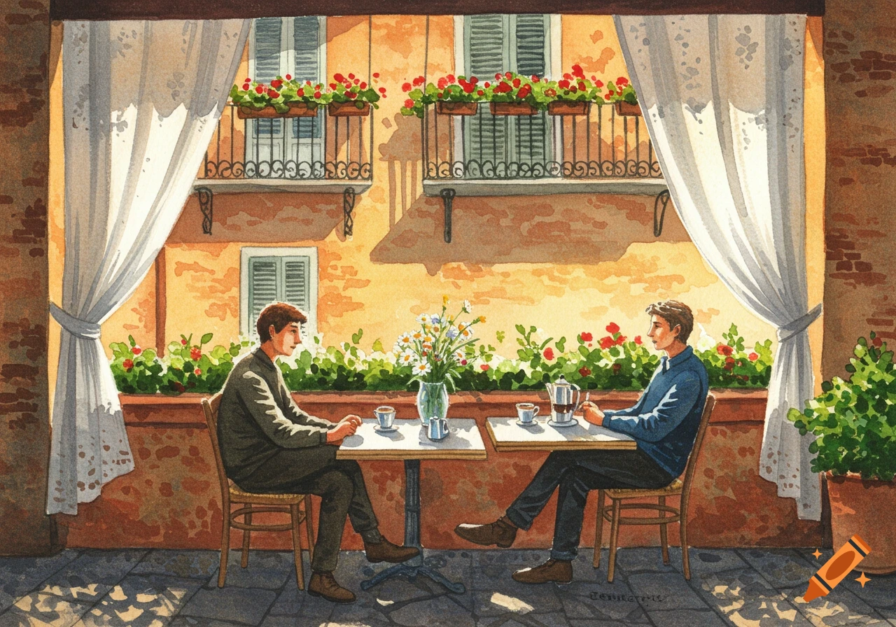 Watercolor painting of two men sitting at separate tables on an outdoor balcony, with flowers and a building in the background.