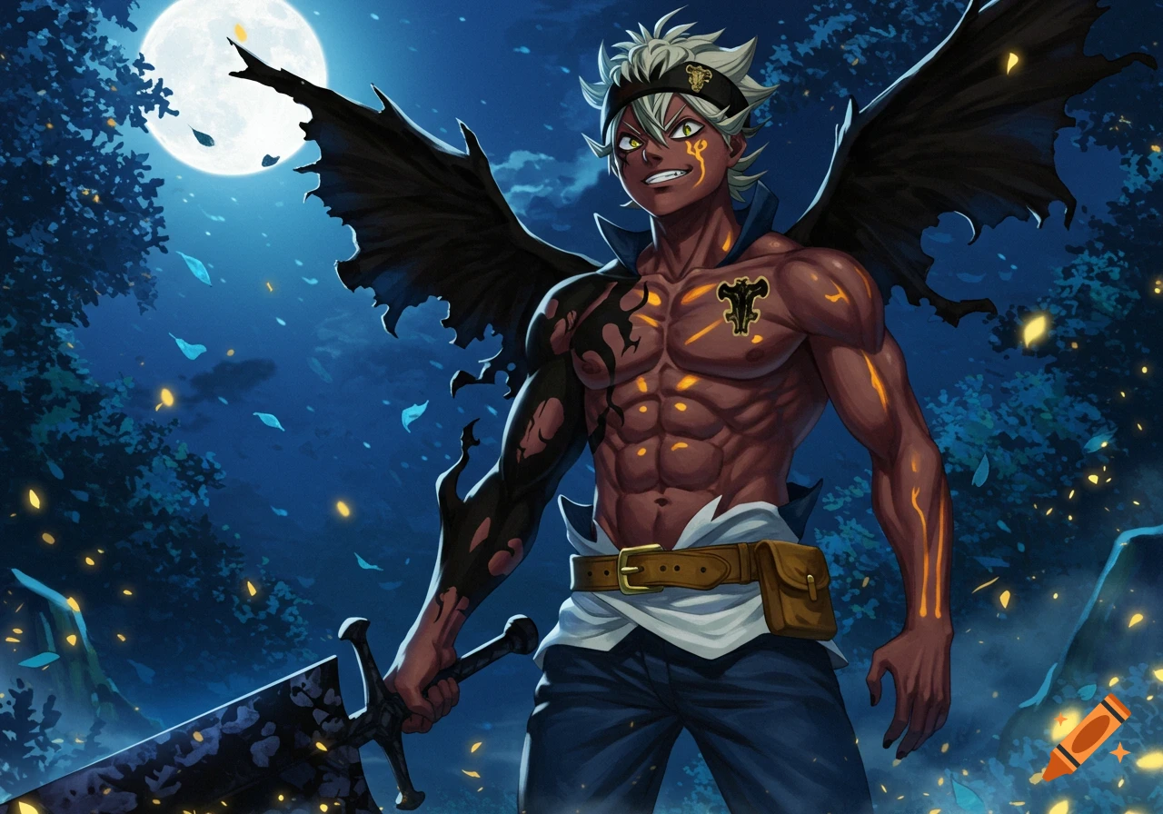 Dark-skinned Asta with black wings and a sword, glowing with power under a full moon in a magical forest. Anime style.