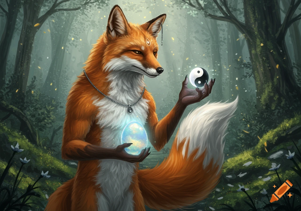 A fantasy illustration of an anthropomorphic fox in a mystical forest, holding a glowing egg and a yin-yang symbol.