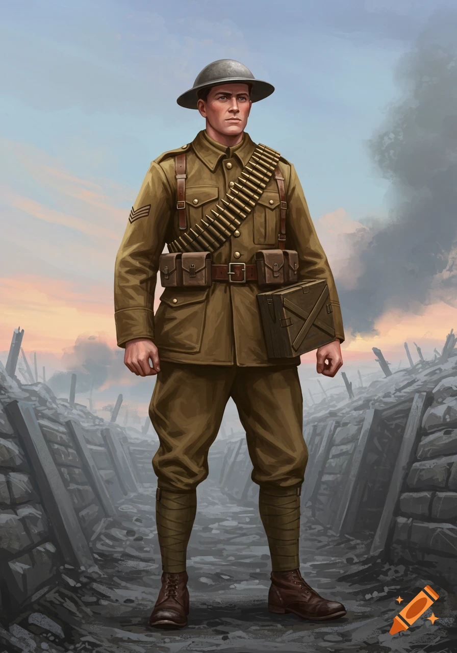 An illustrated WWI Canadian soldier in uniform, carrying an ammo crate, stands in a war-torn trench.