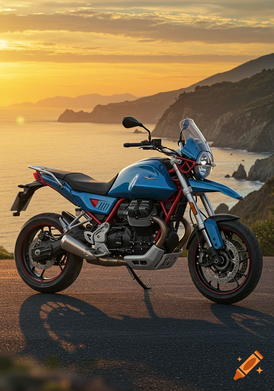 A blue Moto Guzzi V85TT motorcycle is parked on a coastal road at sunset, with mountains and the ocean in the background.