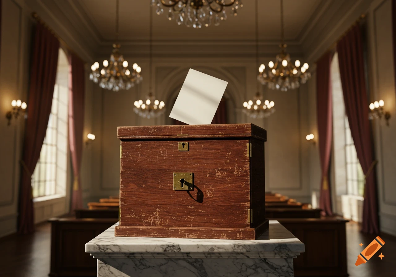 A close-up of a rustic wooden ballot box with an inserted blank paper on a marble stand, set in a grand, ornate room with chandeliers and large windows.
