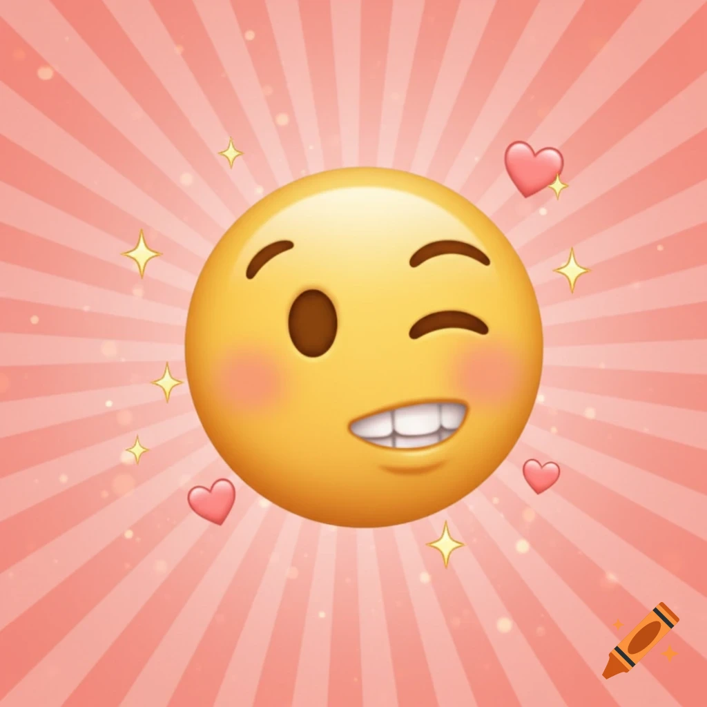 A winking emoji biting its lip on a pink striped background with hearts and sparkles.