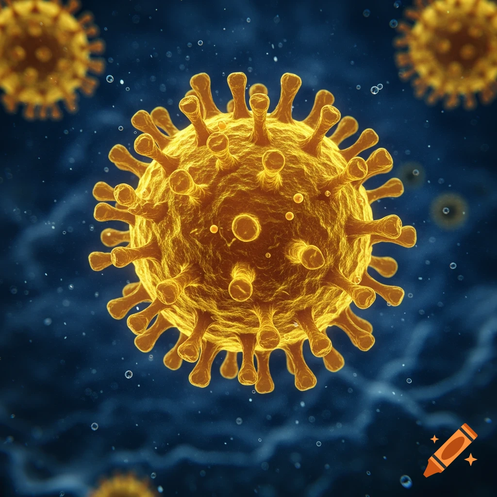 Detailed 3D render of a yellow virus particle with spiky proteins on a dark blue microscopic background.