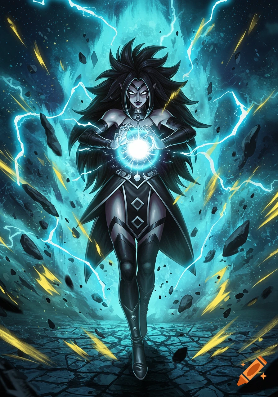 A dark-haired anime woman in black and grey conjures a blue energy orb amidst lightning and floating rocks in a chaotic blue-green landscape.