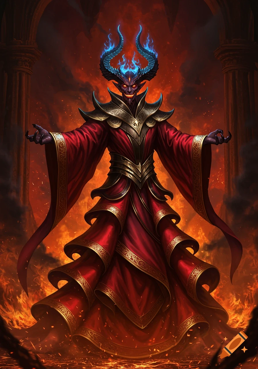 A menacing horned devil in a red robe with golden trim stands with arms outstretched in a fiery hellscape, digital art.