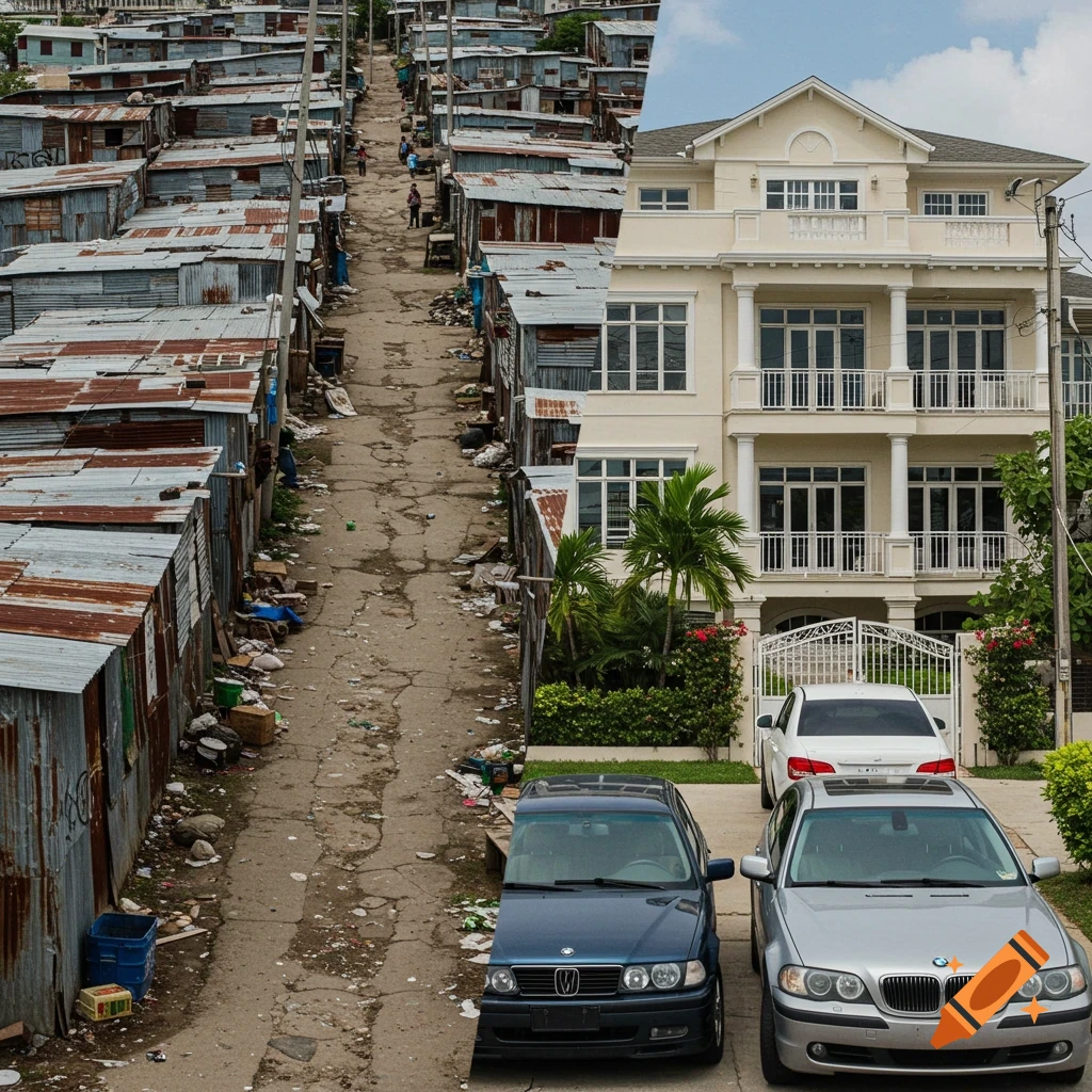 A vertical split image contrasting a crowded slum with zinc shacks and a dirt road on the left, and a luxurious mansion with cars and a paved driveway on the right.