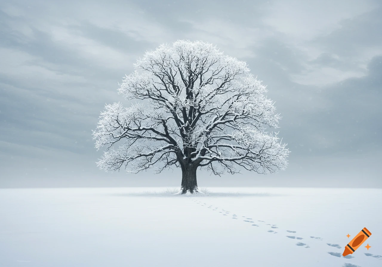 A photorealistic image of a lone, frost-covered oak tree standing in a vast snowy field under a cloudy, grey sky. Footprints lead towards the tree.