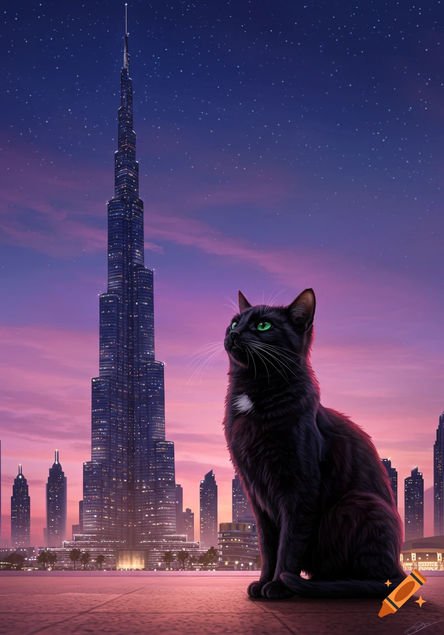Illustrated black cat with bright green eyes sitting in front of the illuminated Burj Khalifa skyscraper and a city skyline at dusk.