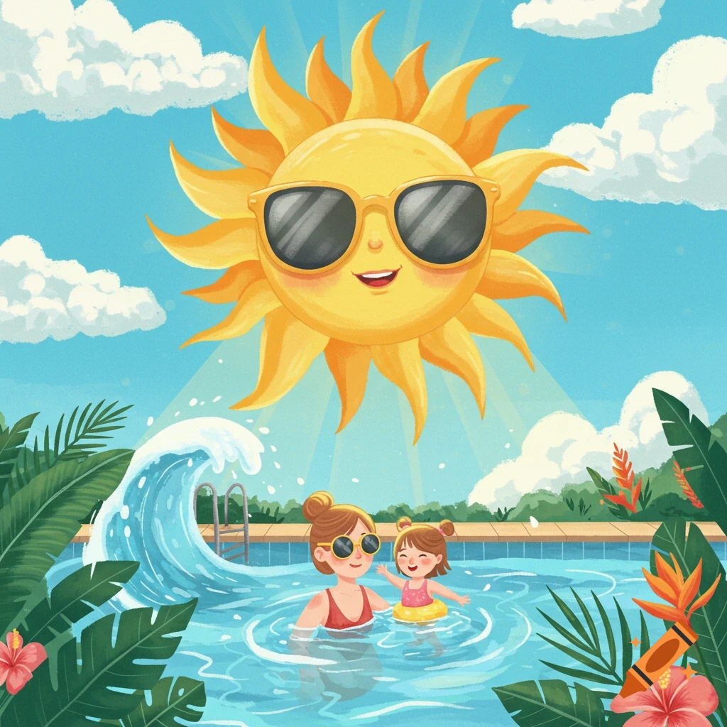 A cartoon sun with sunglasses shines over a mother and daughter swimming in a pool surrounded by tropical plants in a bright illustration.