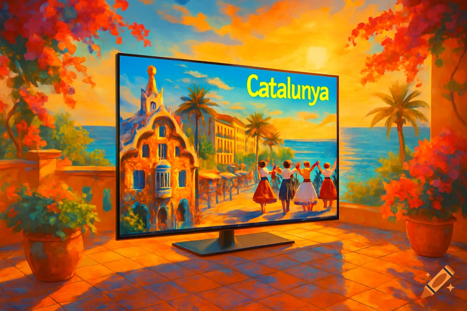 A vibrant painterly image of a television on a patio showing a coastal scene with a colorful building, dancing people, and 'Catalunya' text.