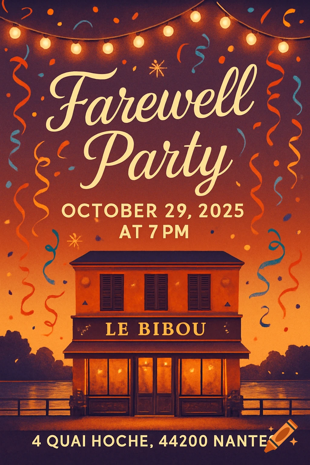 Vintage-style Farewell Party invitation with a bar called LE BIBOU at night by a river, lit with string lights and confetti, stating October 29, 2025 at 7 PM.