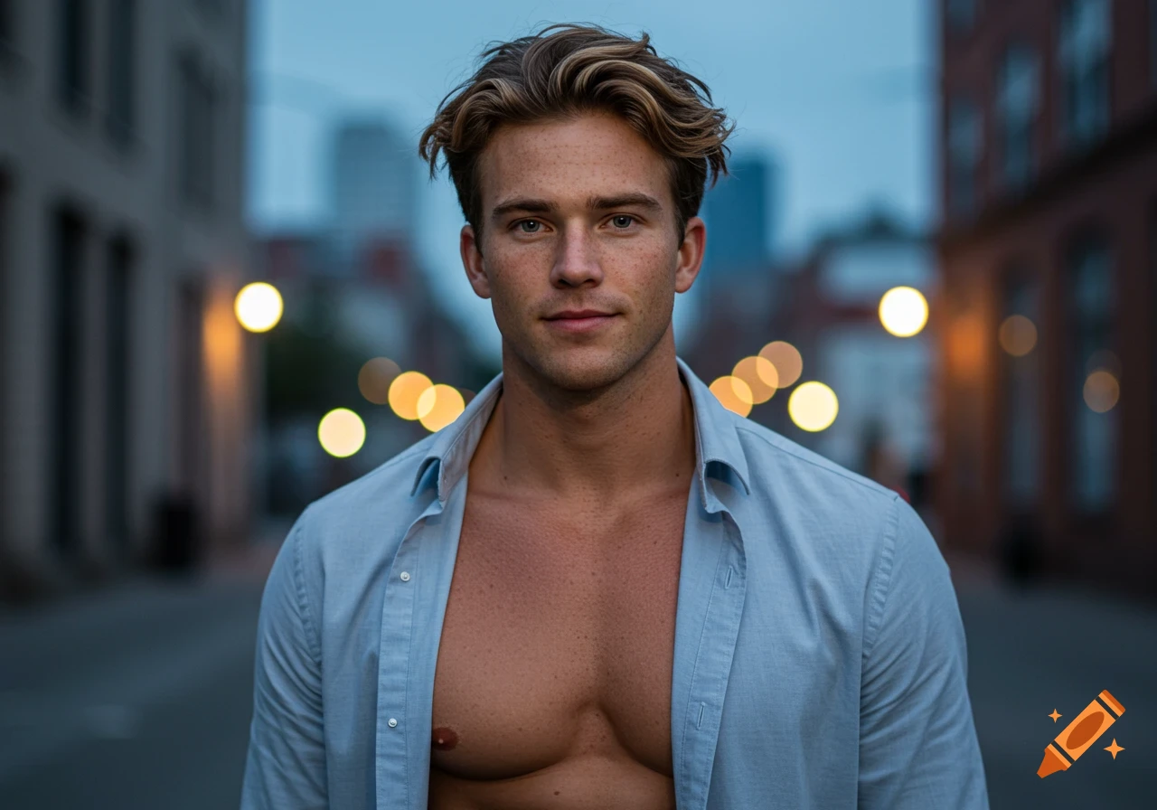 Photorealistic portrait of a muscular young man with an unbuttoned blue shirt on a city street at dusk.