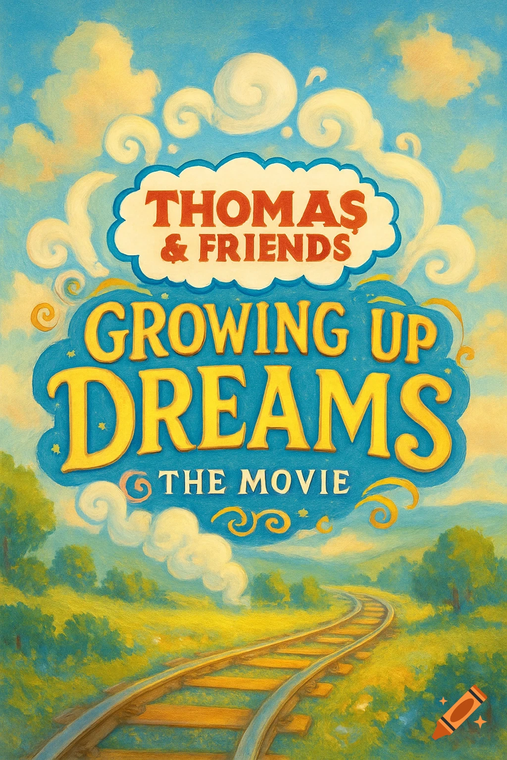 Painted logo for Thomas & Friends: Growing Up Dreams The Movie, with train tracks through a green landscape under a cloudy blue sky.