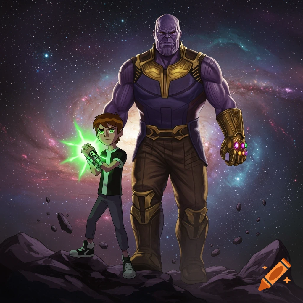 Ben Tennyson and Thanos stand on a rocky planet with a galaxy background, Ben's Omnitrix glowing green. Illustrated.