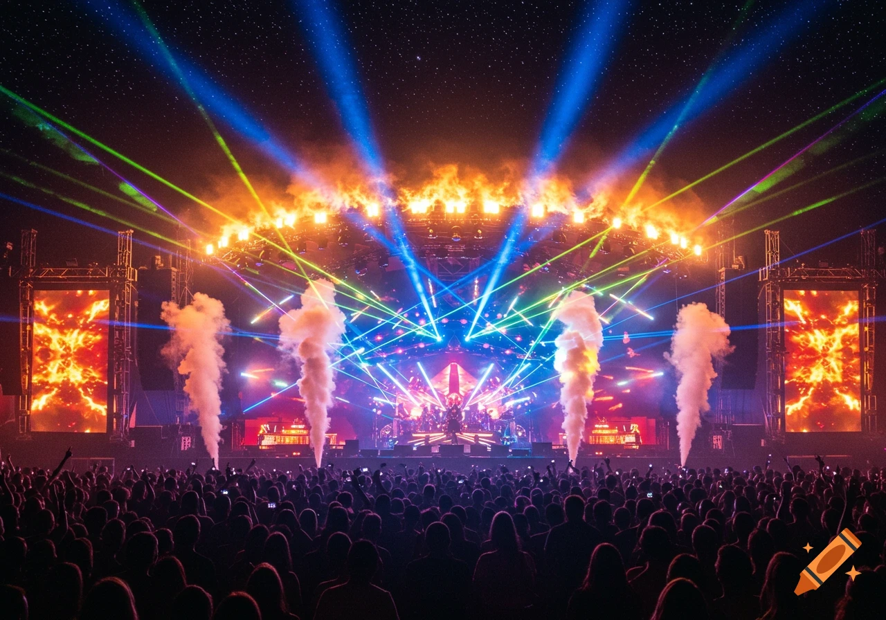 A large crowd attends a vibrant outdoor concert with a stage emitting fire, colorful lasers, smoke plumes, and bright spotlights against a starry night sky.
