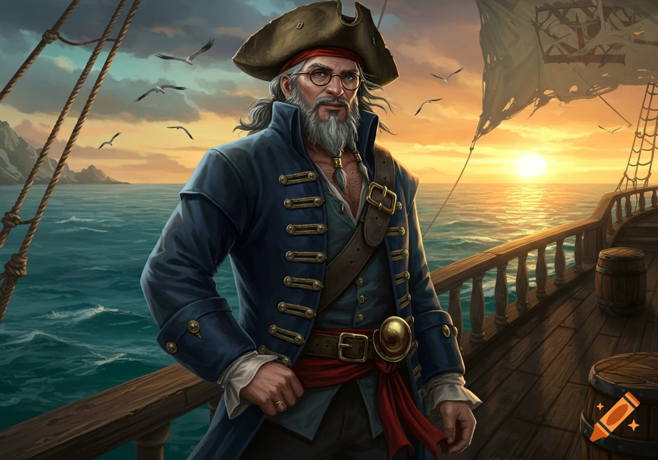 An old pirate with a dark gray beard and rectangle glasses stands on a ship's deck at sunset, with seagulls flying.
