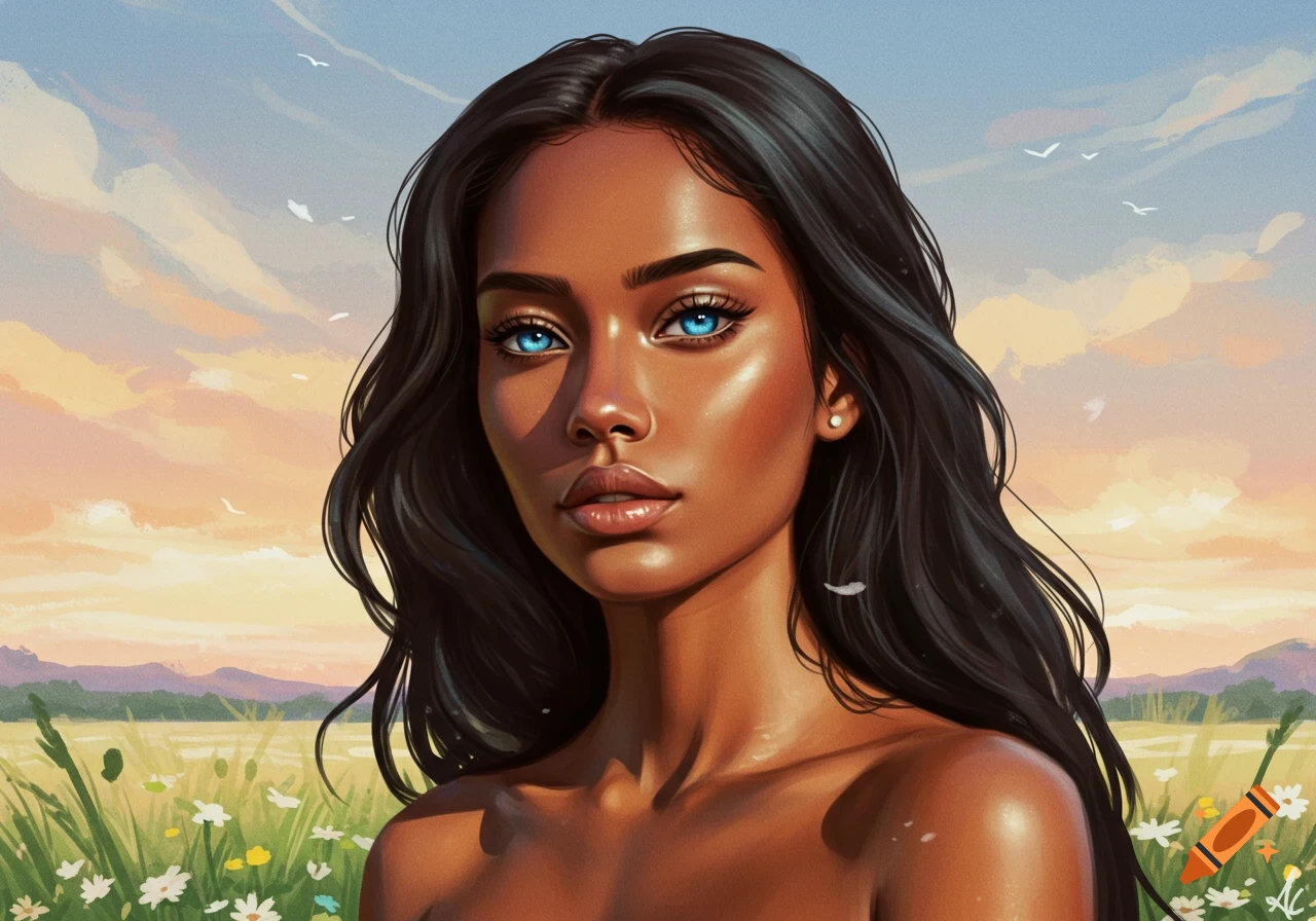 A beautiful woman with brown skin, long black hair, and striking blue eyes, in a field of flowers under a sunset sky.