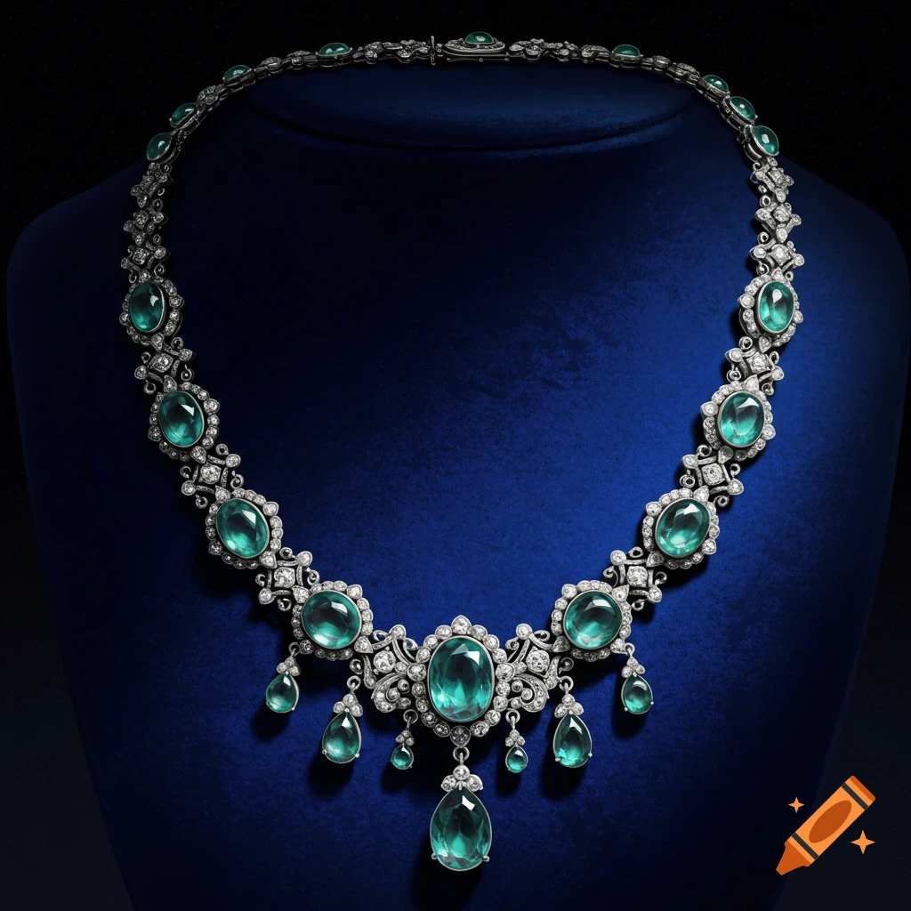 An ornate diamond and green alexandrite necklace displayed on dark blue velvet.