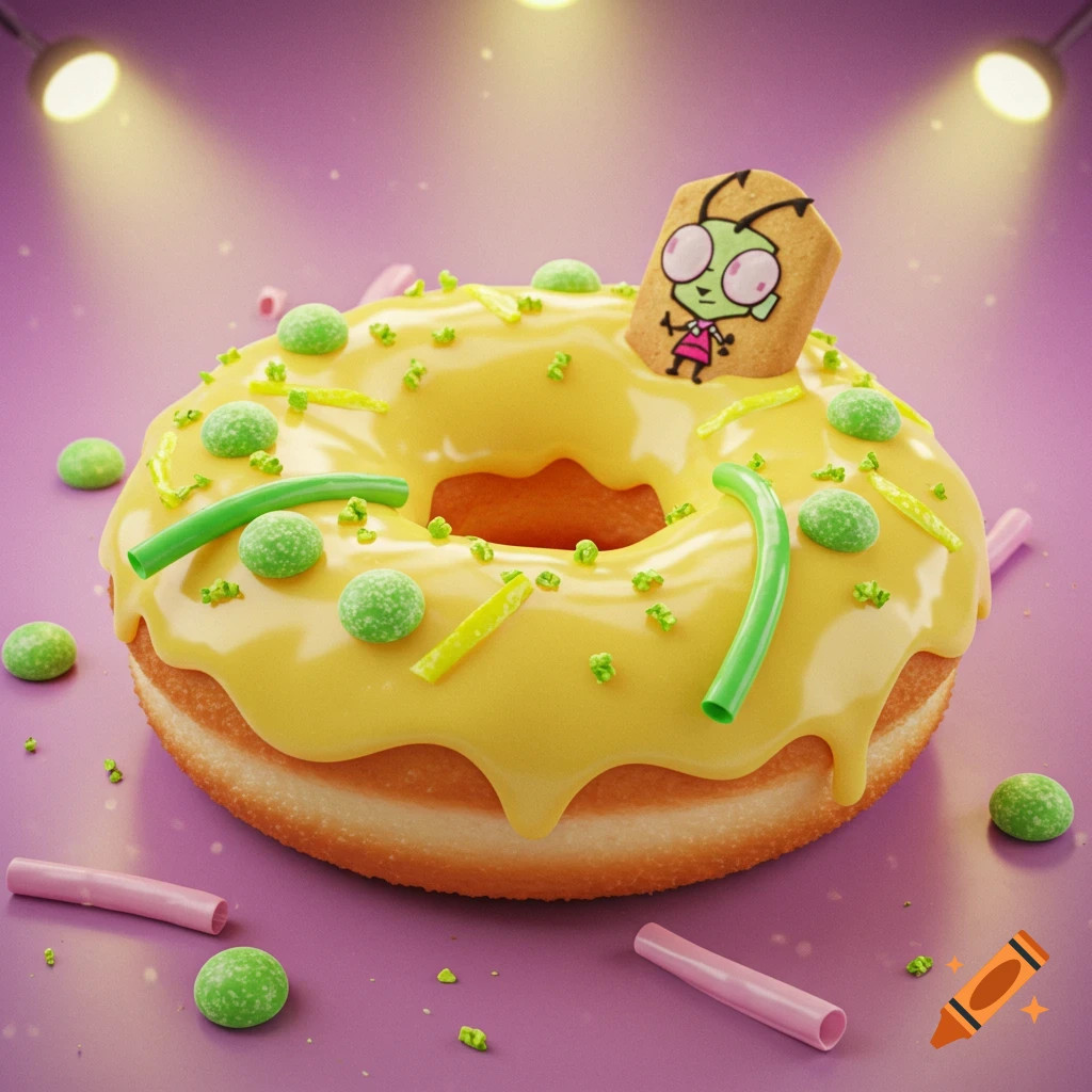 A vibrant yellow-frosted donut with green candies, sprinkles, and a cookie featuring an Invader Zim character, illuminated by spotlights on a purple surface.