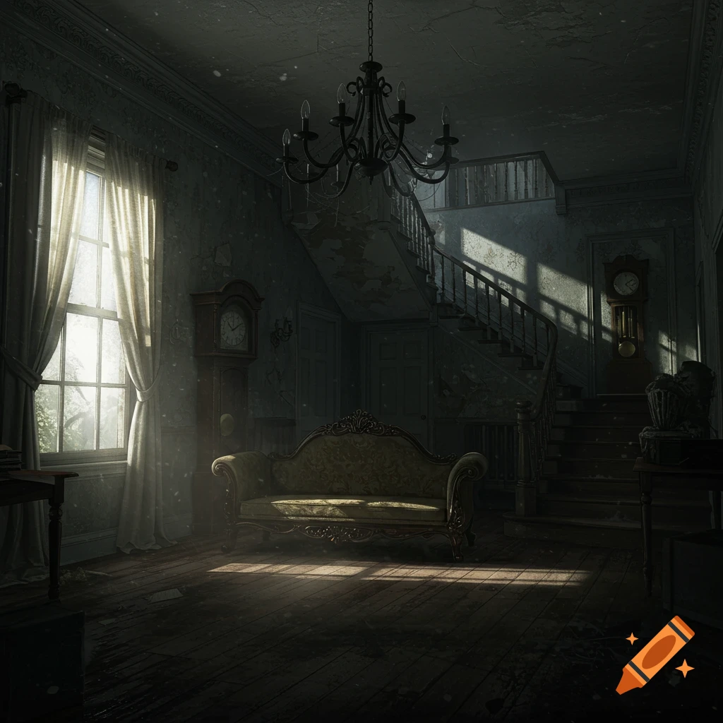 A dim, dusty, dilapidated mansion interior, featuring a grand staircase, chandelier, antique sofa, and sunlight through a window.