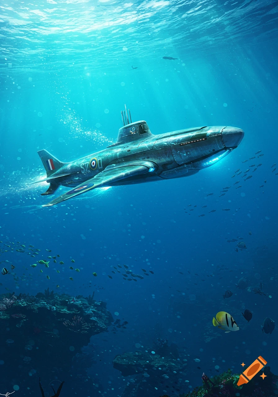 A submarine-aircraft hybrid, resembling a Spitfire, swims underwater past coral reefs and fish in clear blue ocean with sun rays.