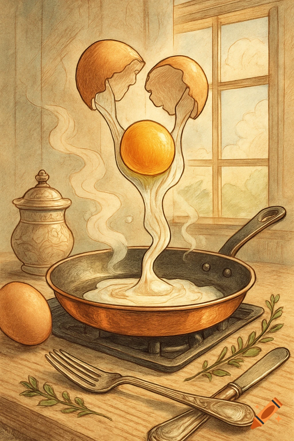 Rustic illustration of a cracked egg yolk floating above a frying pan with egg whites pouring in.