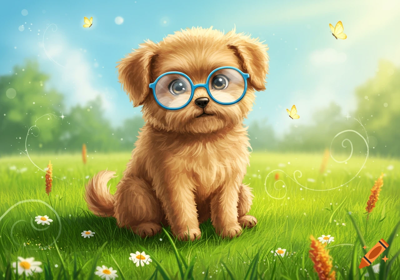 An illustrated cute brown fluffy puppy with blue round glasses sits in a sunny green field with daisies and butterflies.