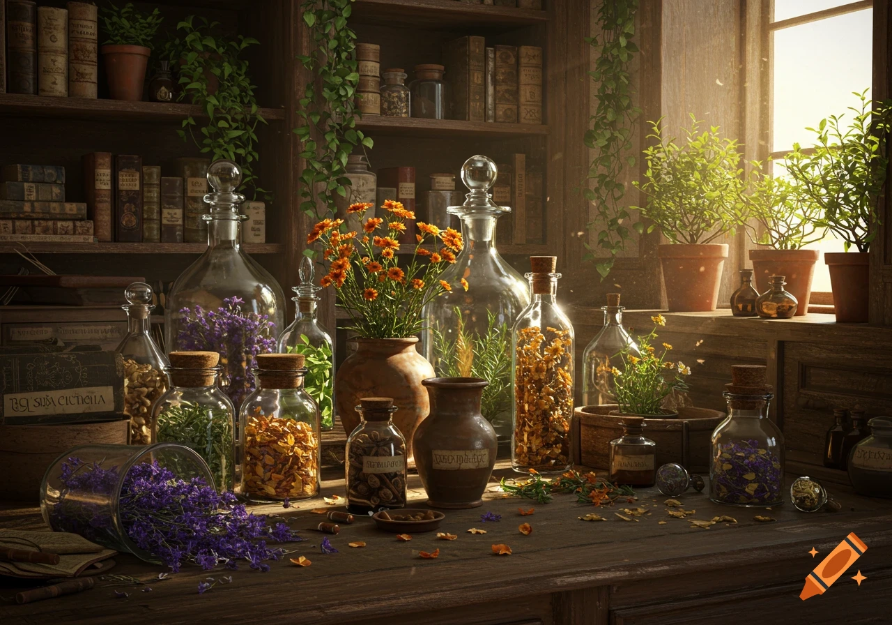 A photorealistic still life of an old apothecary's wooden table with glass bottles, jars, and clay pots filled with herbs and flowers.