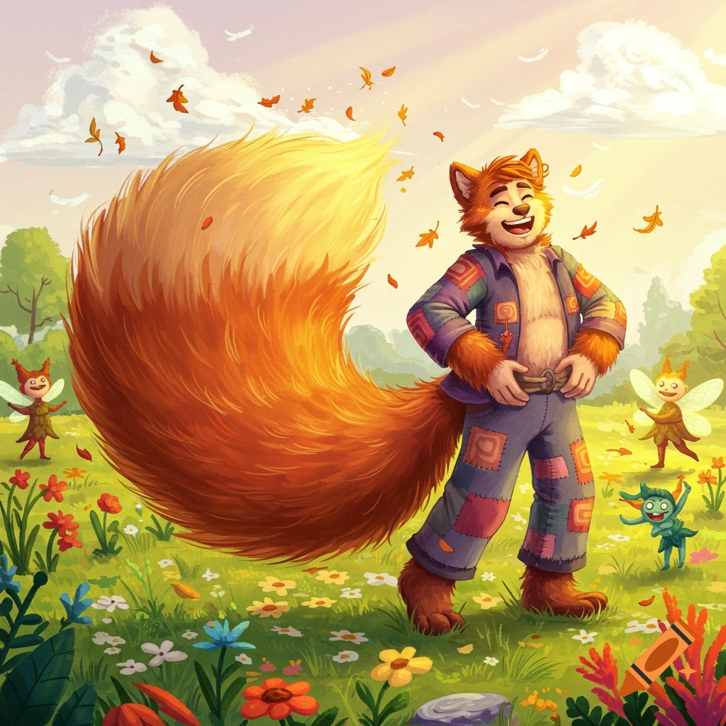 A happy, furry fox-like character with a giant fluffy tail stands in a vibrant flower meadow with fairies and a small goblin, cartoon illustration.