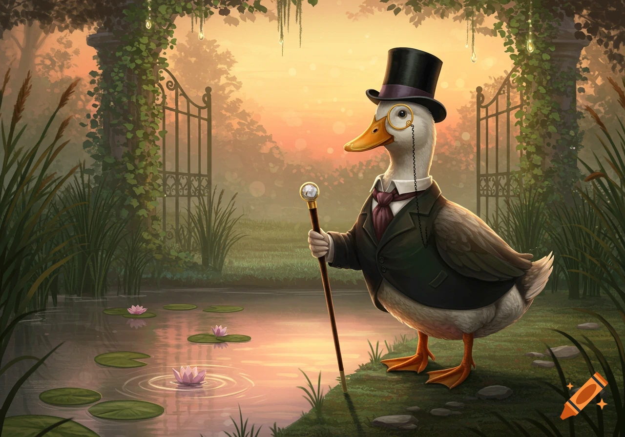 An illustration of a sophisticated duck in a top hat, monocle, and suit, holding a cane by a pond at sunset.