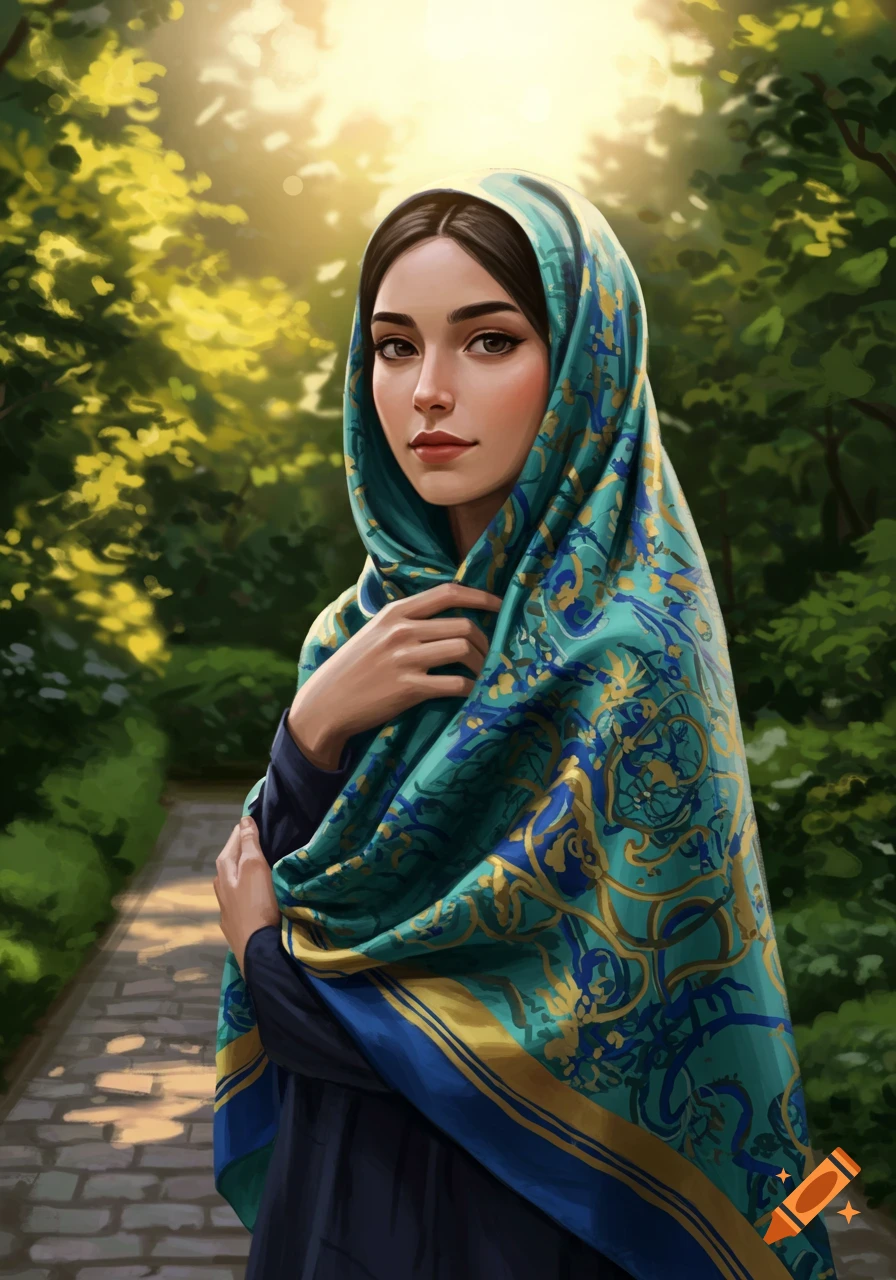 A portrait of a woman wearing a beautiful teal and gold patterned hijab, standing on a sunlit stone path in a lush green park.