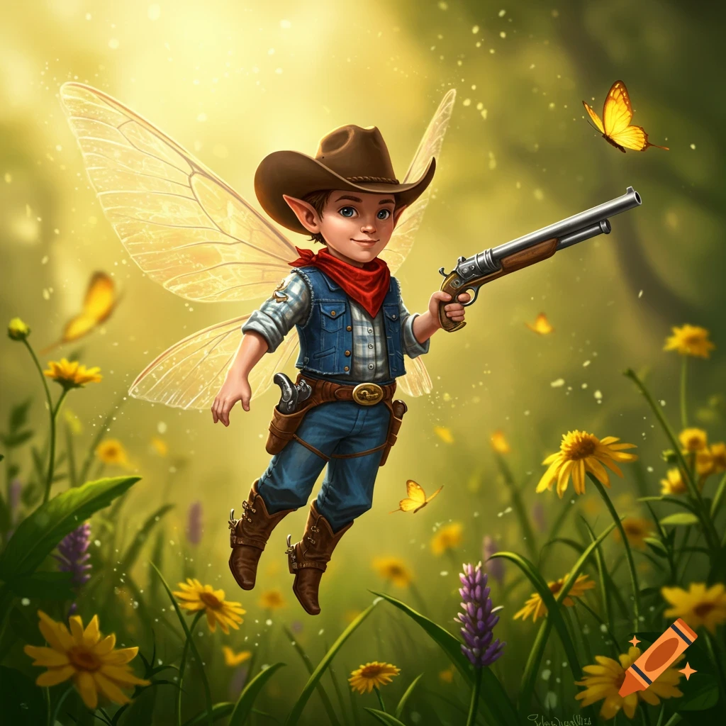 A cartoonish cowboy fairy with glowing wings, holding a shotgun, floats among wildflowers and butterflies in a sunny fantasy forest.