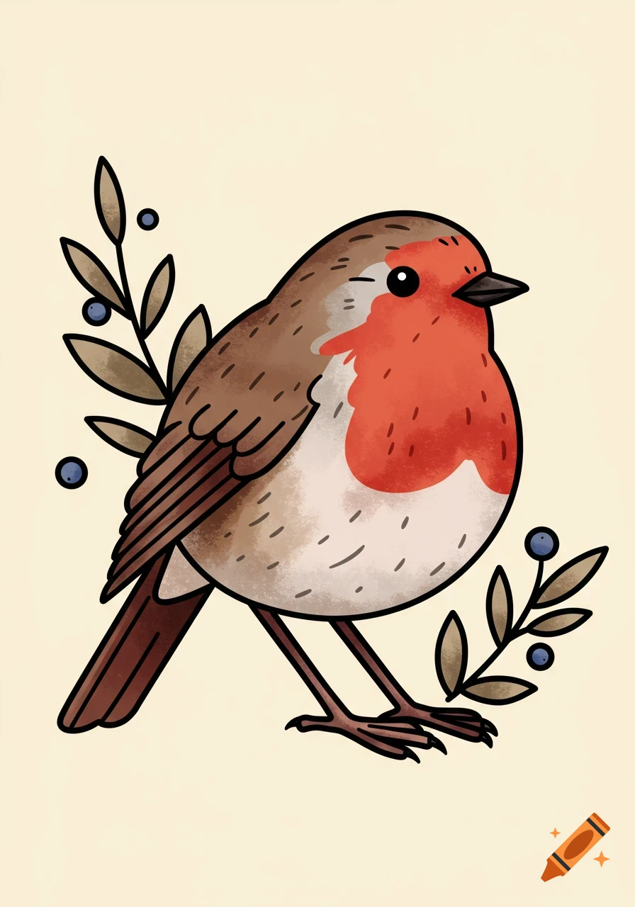 A minimalistic old school tattoo style illustration of a robin bird with a red breast, brown feathers, and small berry branches.