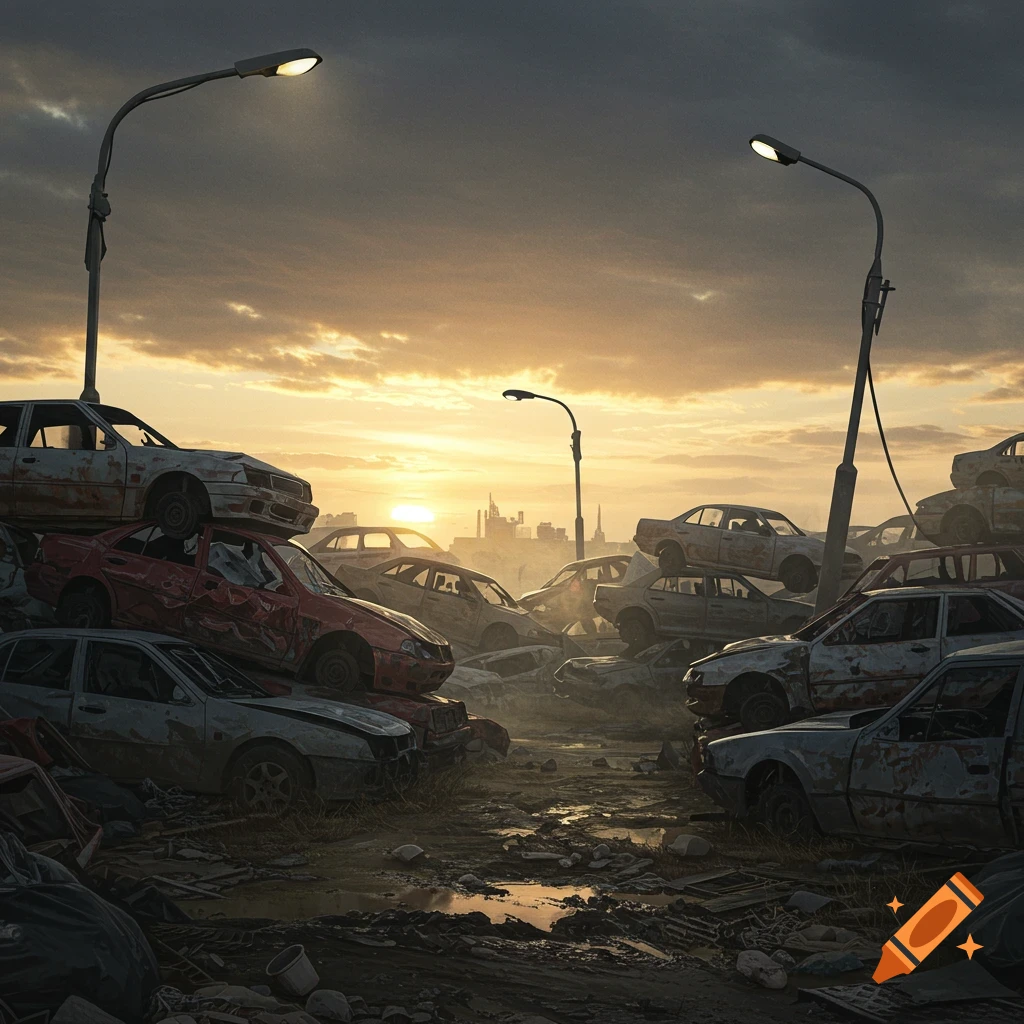 A junkyard at sunset with piles of rusty, broken cars, mud, and streetlights under a cloudy sky.