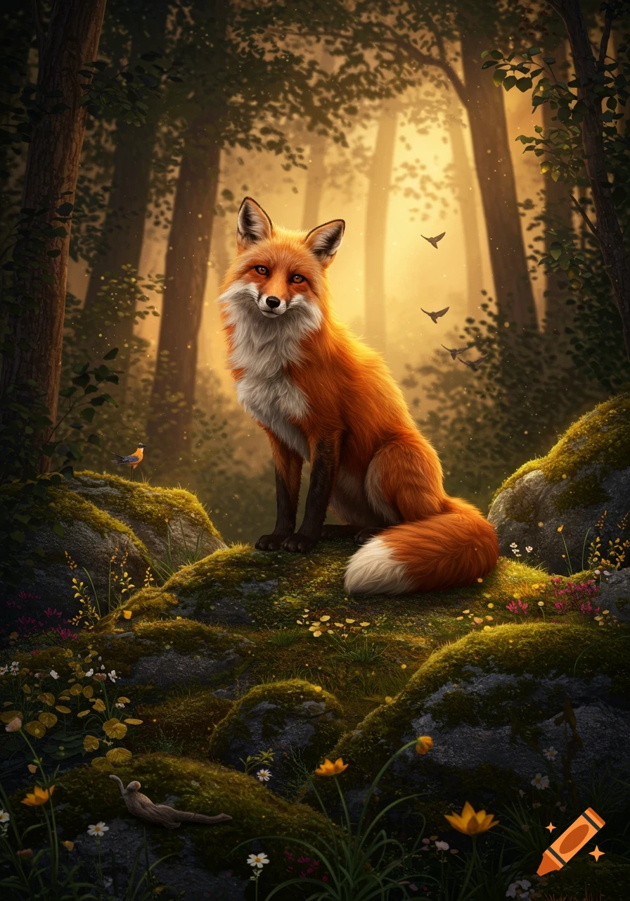 A majestic red fox sits on a mossy rock in a glowing, sun-dappled forest with birds and wildflowers.