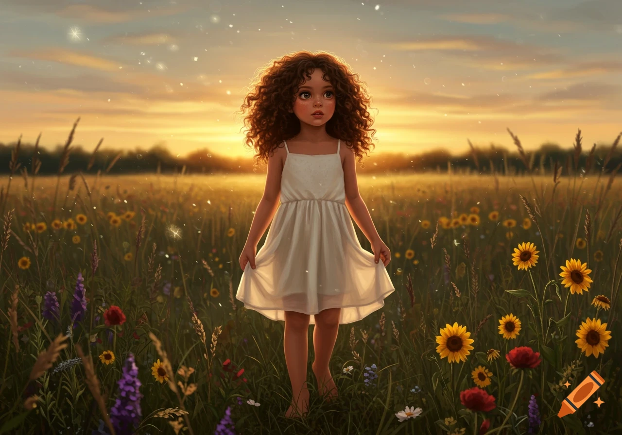 An illustrated young girl with curly hair in a white dress stands in a field of sunflowers and wildflowers at sunset.