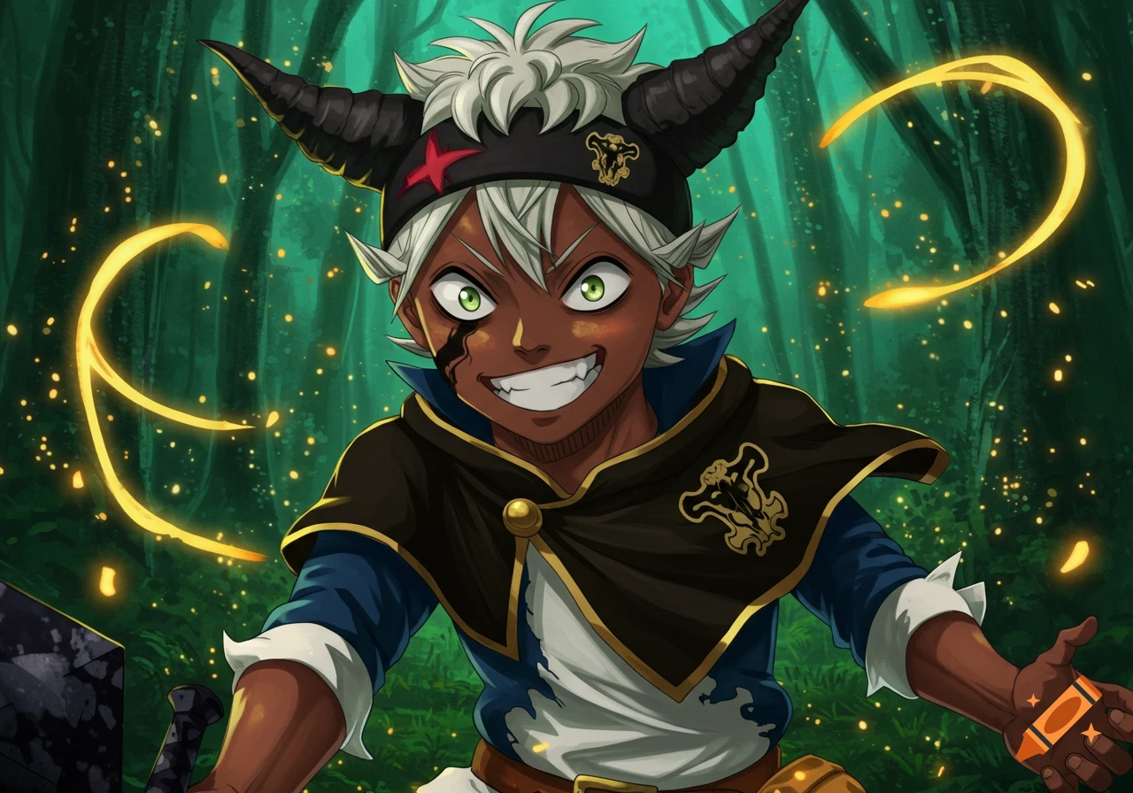 An anime character, Asta, with dark skin, white spiky hair, green eyes, and horns, smiles widely in a magical forest.