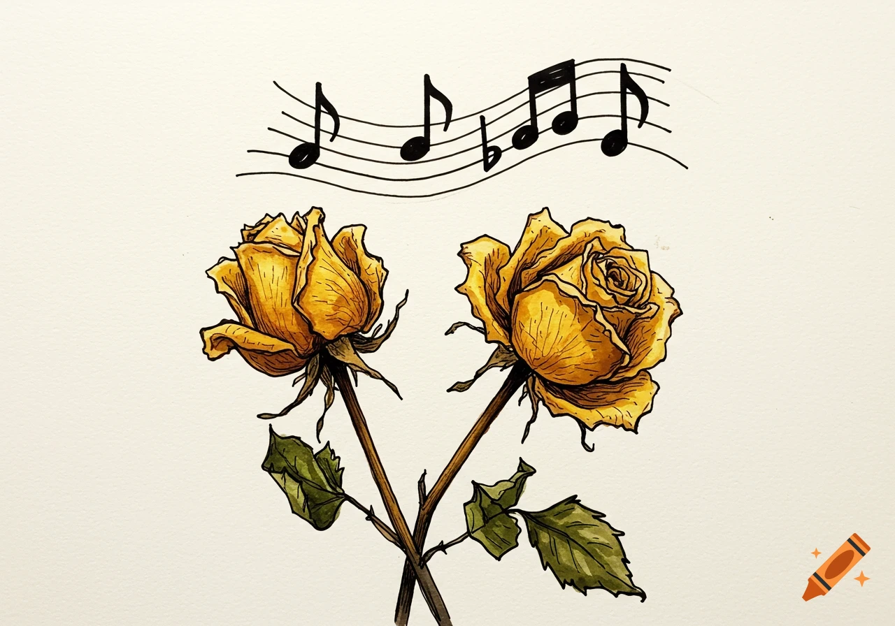 Two dried yellow roses with stems crossed, depicted in a sketch style with thick outlines, below a curving musical staff with seven black notes.