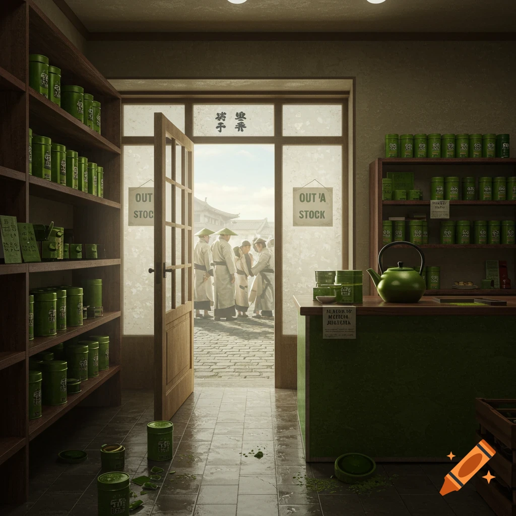 Interior of a traditional East Asian tea shop with shelves of green tea cans, a counter with a kettle, and an open door showing people outside.